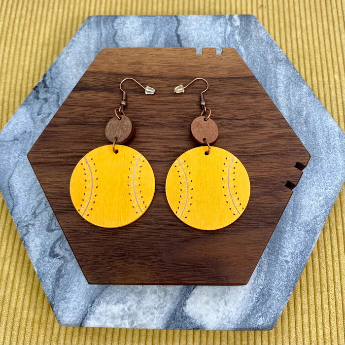 Wooden Dangle Softball Earrings